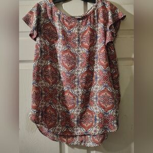 LOFT Coral Multi-Color Patterned Flutter Sleeve Blouse